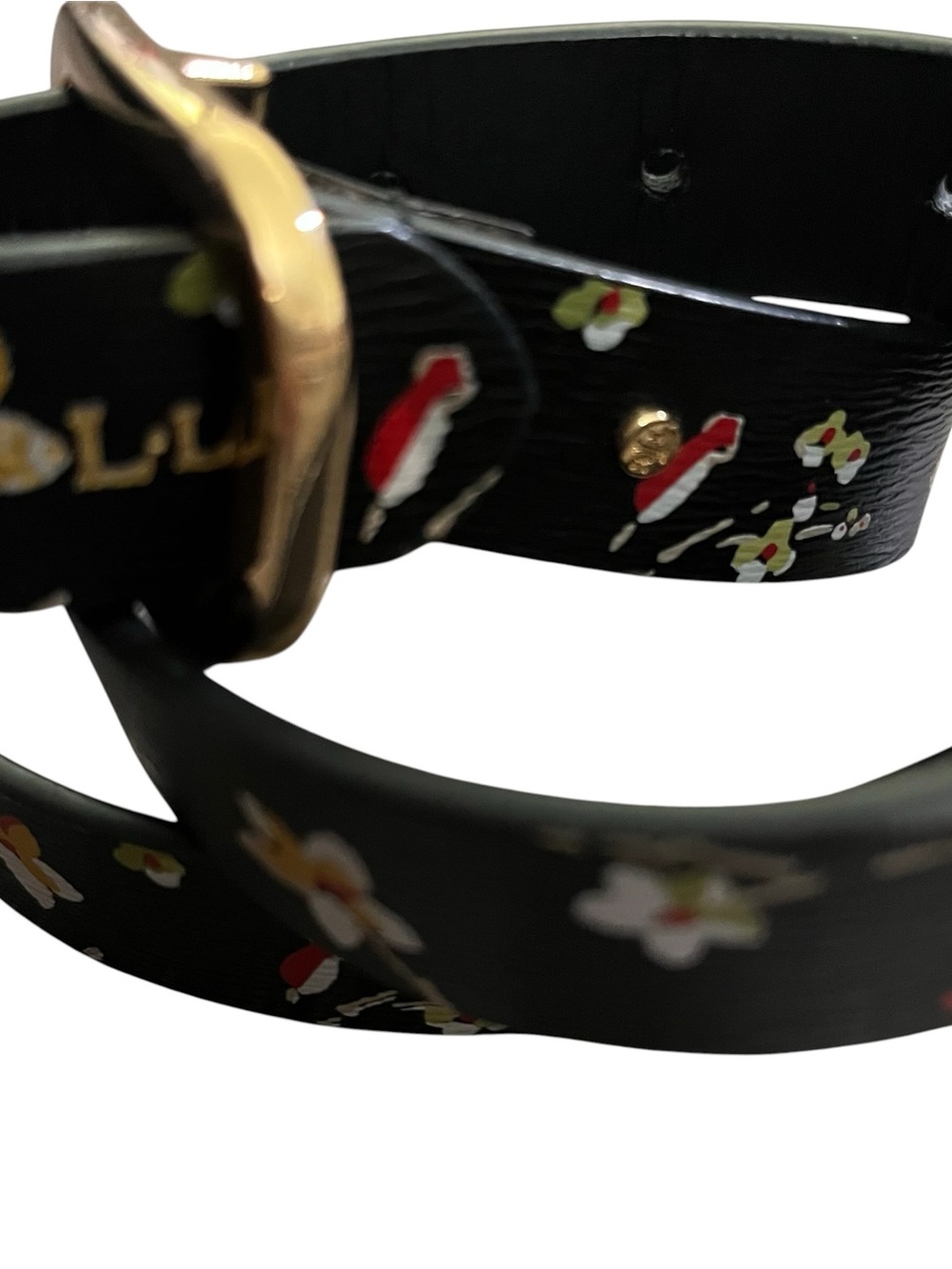 Lauren Ralph Lauren Floral Leather Belt Womens Black Skinny Gold Buckle Sz M - Picture 3 of 12